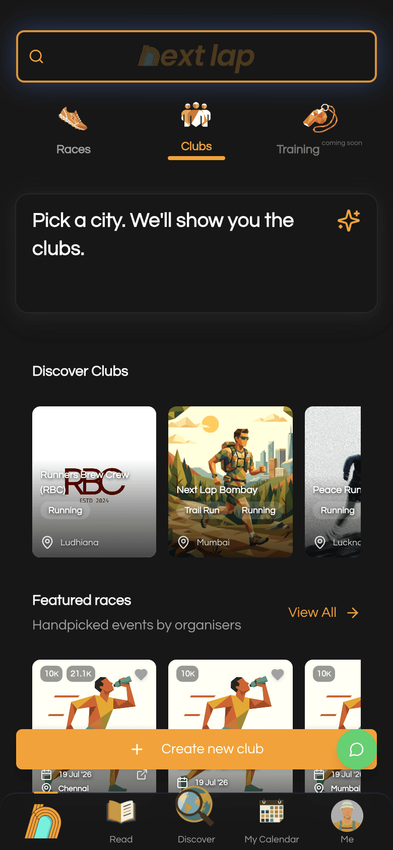 Clubs page with Create new club button at the bottom