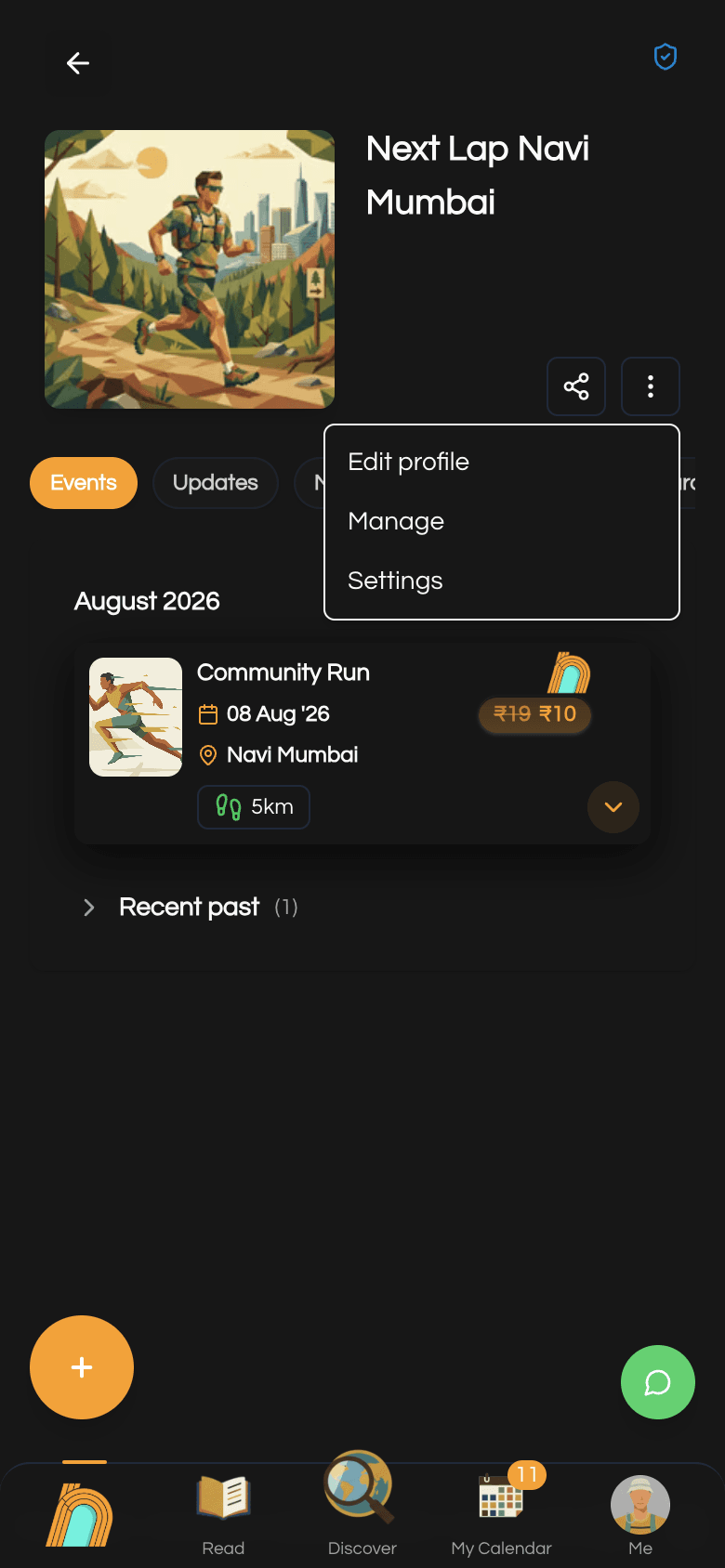 Club page three-dot menu with Edit profile, Manage, and Settings