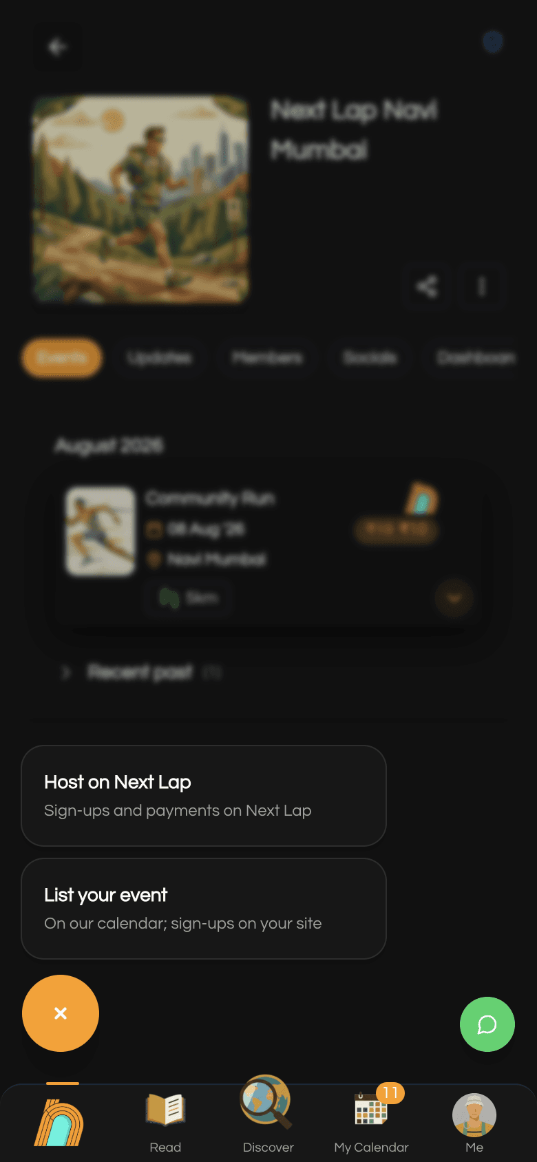 Add event menu with Host on Next Lap and List your event options