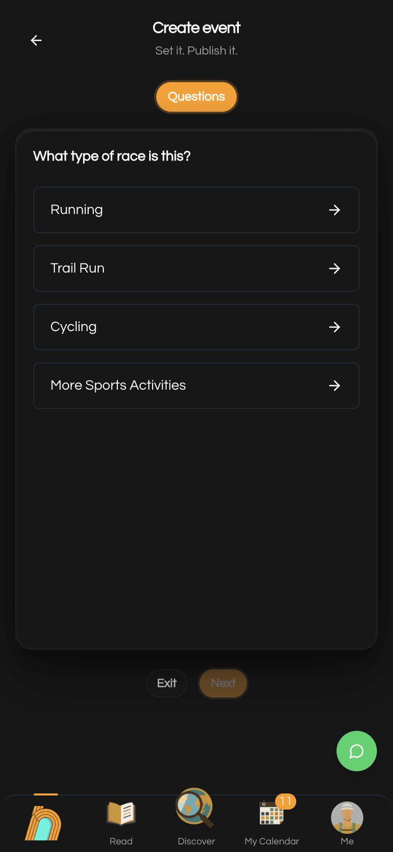 Create event wizard card asking what type of race