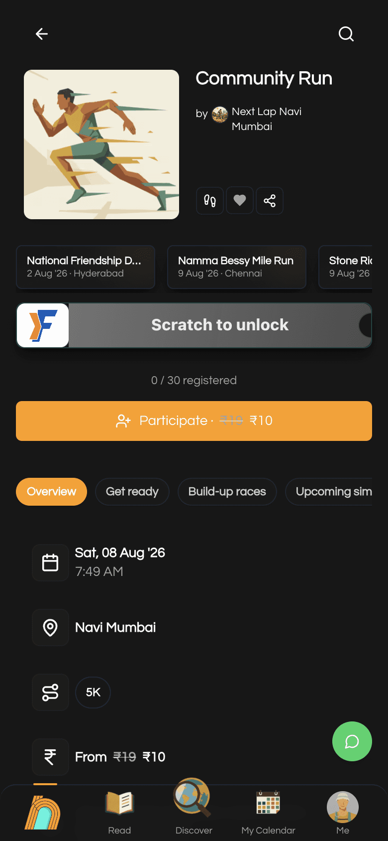 Community Run event page with Participate on Next Lap