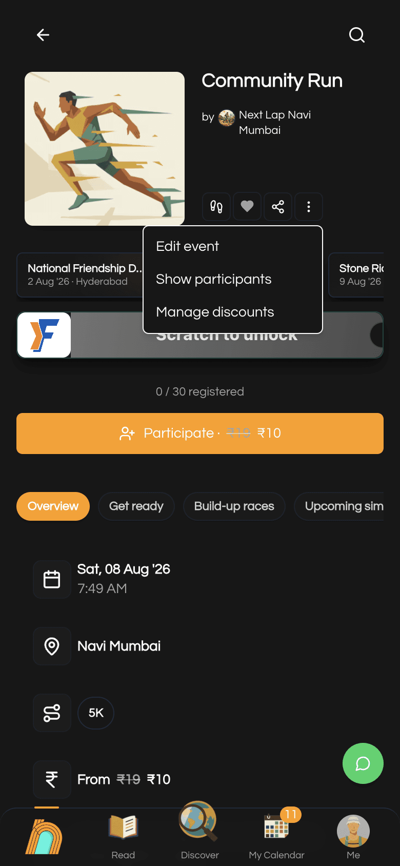 Event admin menu with Manage discounts option