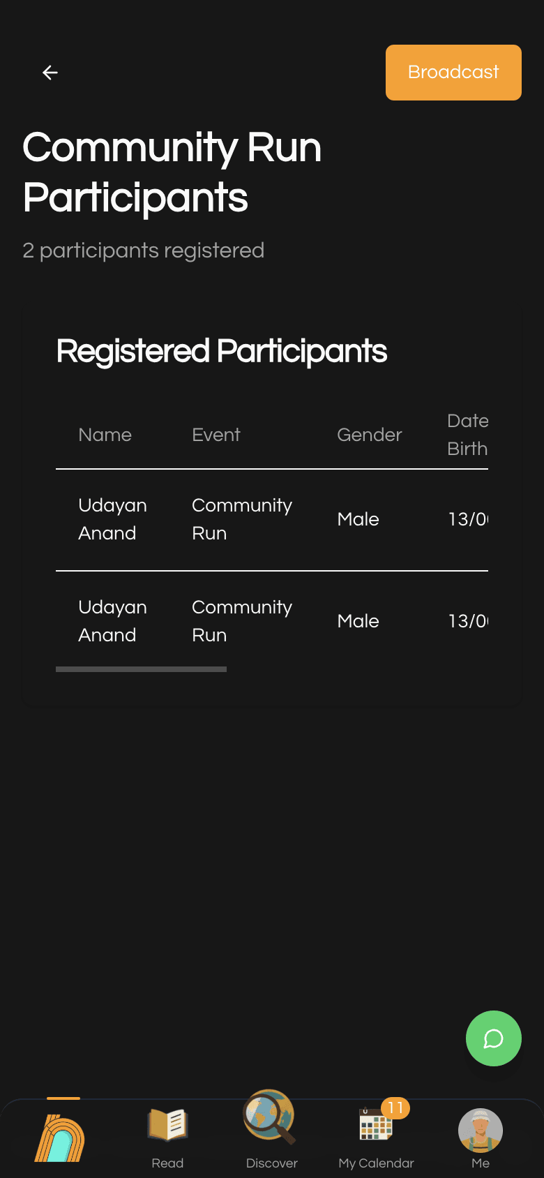 Participants list with Broadcast button